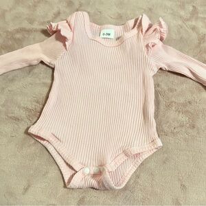 0-3 Months Pink Ribbed Baby Girl Long‎ Sleeve Top Body Suits With Ruffles